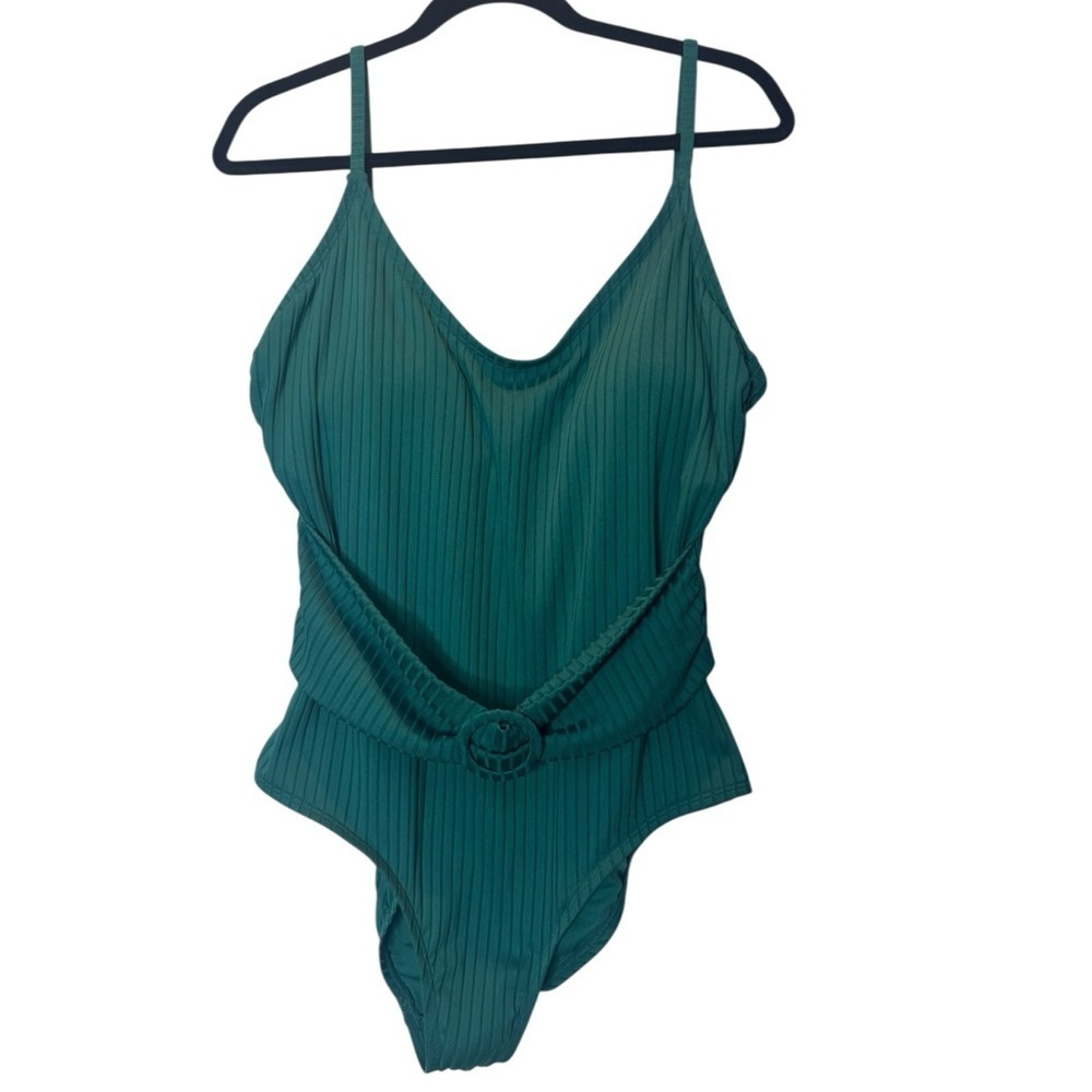 Freshwater Green One Piece Swimsuit XL | Belted Ribbed Cut Out Bathing Suit